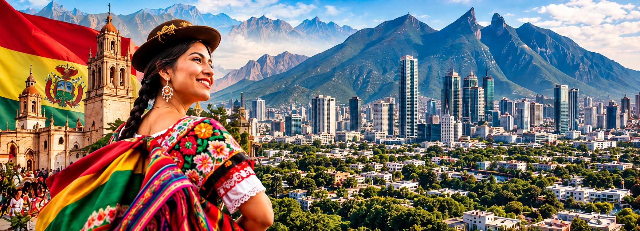 Mujer boliviana con vestimenta tradicional, bandera de Bolivia, arquitectura boliviana y paisaje de Monterrey